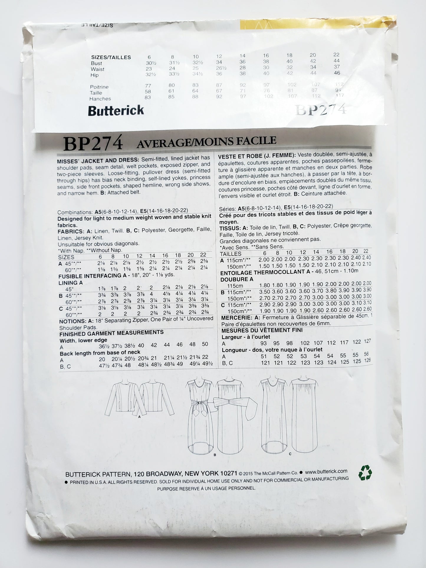 BUTTERICK Sewing Pattern BP274, Dress, Jacket, Size 6-14