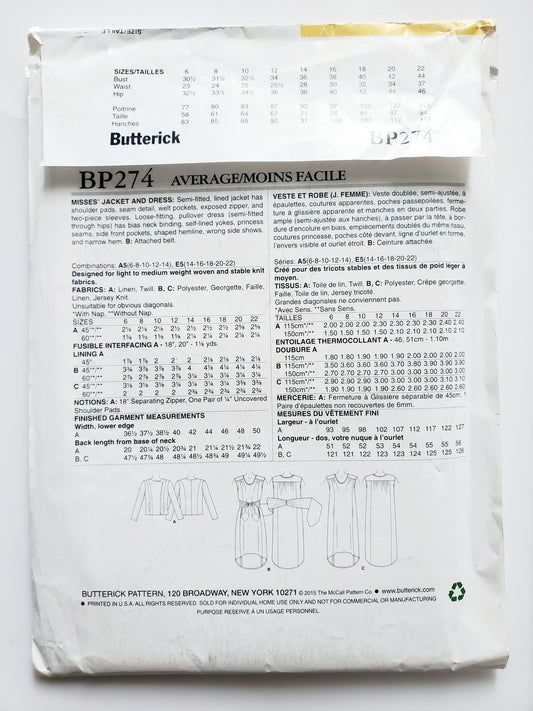 BUTTERICK Sewing Pattern BP274, Dress, Jacket, Size 6-14