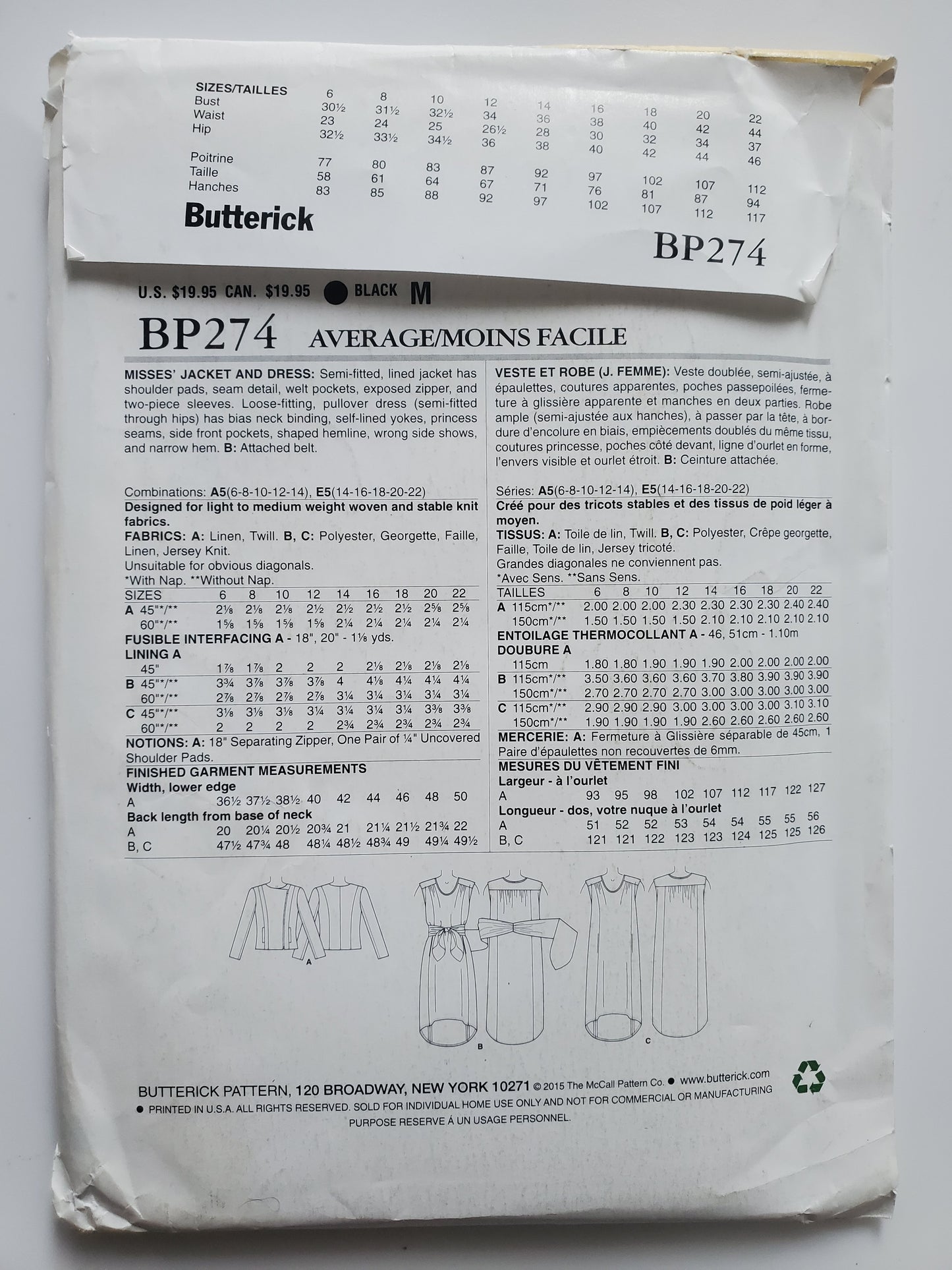 BUTTERICK Sewing Pattern BP274, Dress, Jacket, Size 14-22