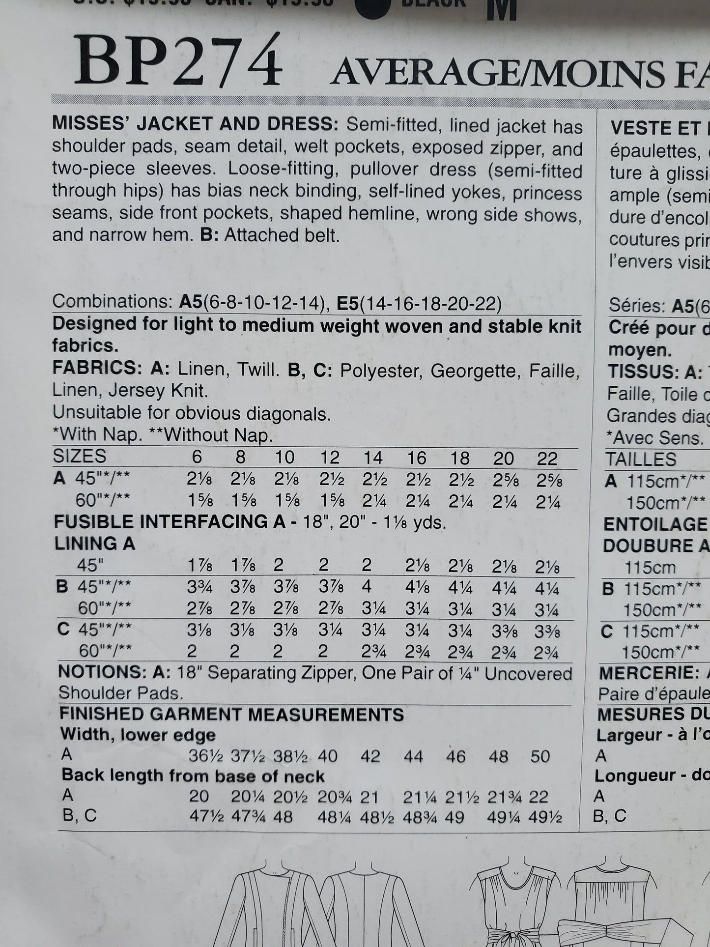 BUTTERICK Sewing Pattern BP274, Dress, Jacket, Size 14-22