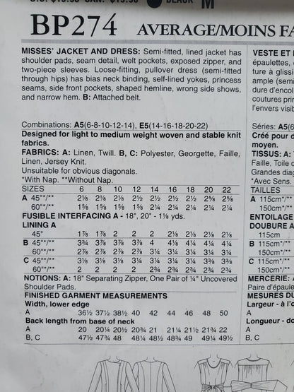 BUTTERICK Sewing Pattern BP274, Dress, Jacket, Size 14-22