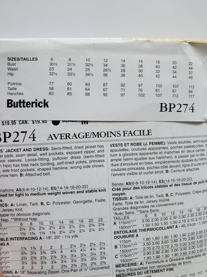 BUTTERICK Sewing Pattern BP274, Dress, Jacket, Size 14-22