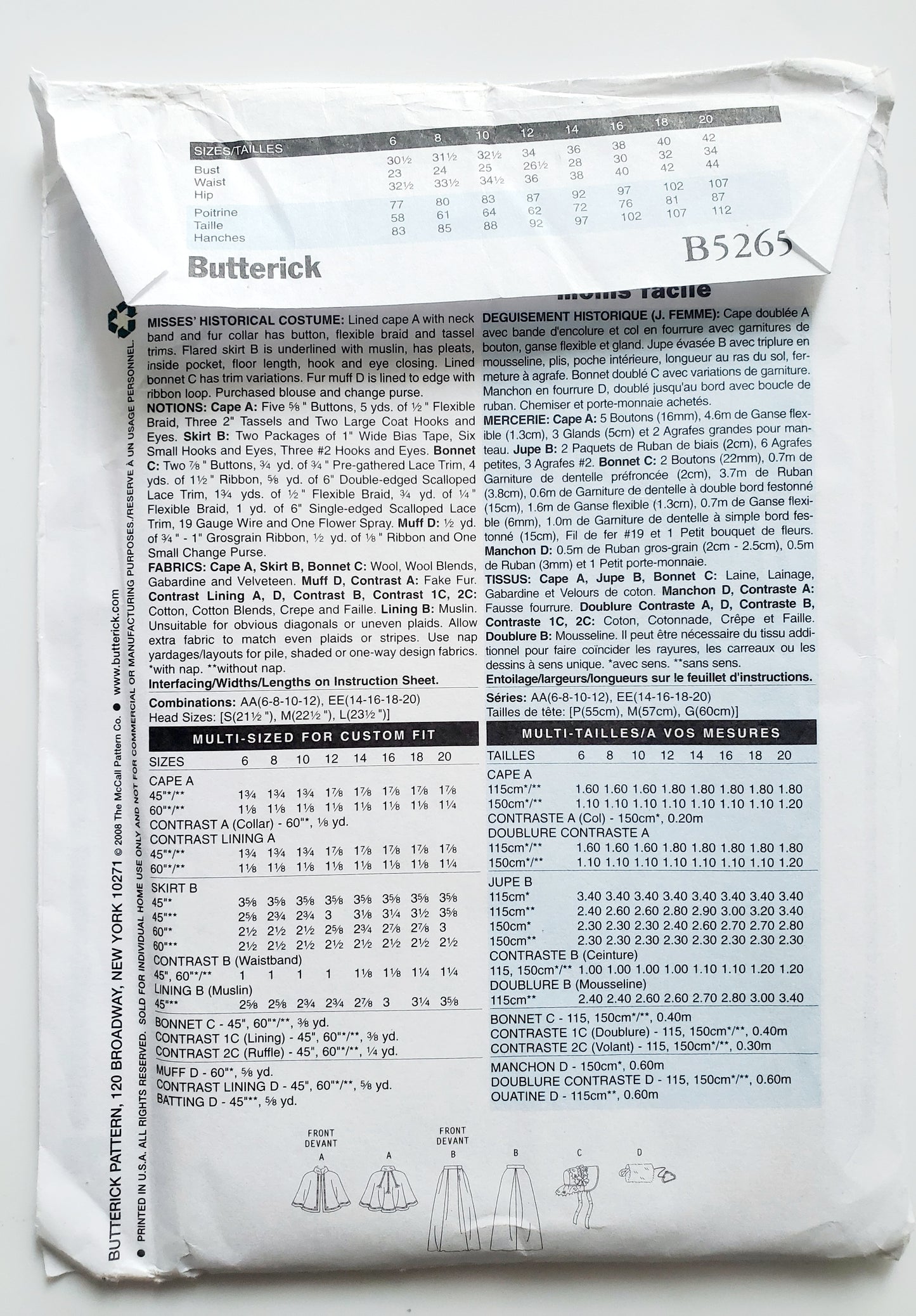 BUTTERICK Sewing Pattern B5265, Dress, Costume, Making History, Historical Clothing, Size 6-12