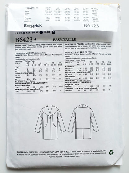 BUTTERICK Sewing Pattern B6423, Coat, Loose Fitting, Princess Seam, Pockets, Size 16-26