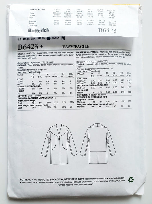BUTTERICK Sewing Pattern B6423, Coat, Loose Fitting, Princess Seam, Pockets, Size 16-26