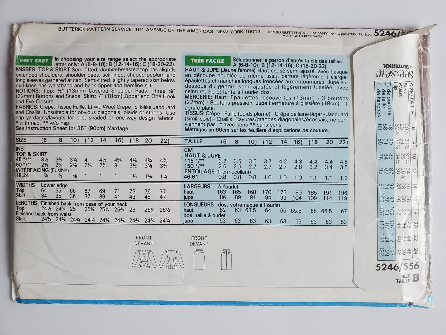 BUTTERICK Sewing Pattern 5246 556, Skirt, Top, Peplum, 90's, Size 12-16