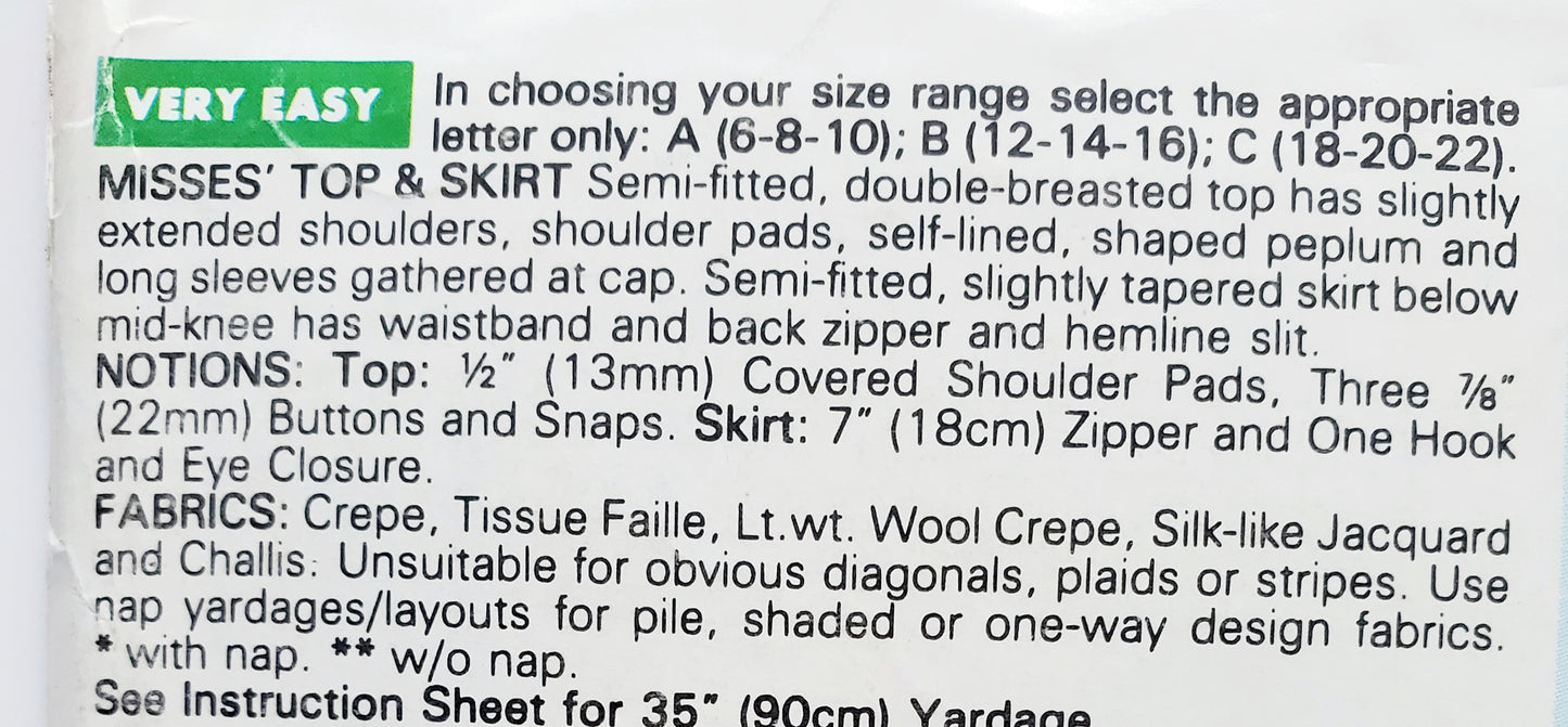 BUTTERICK Sewing Pattern 5246 556, Skirt, Top, Peplum, 90's, Size 12-16