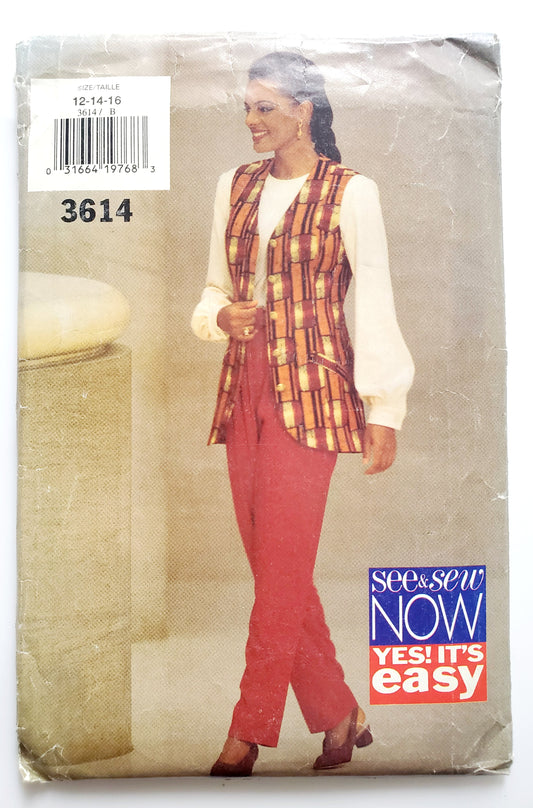 BUTTERICK Sewing Pattern 3614, Vest, Top, Pants, Size 12-16