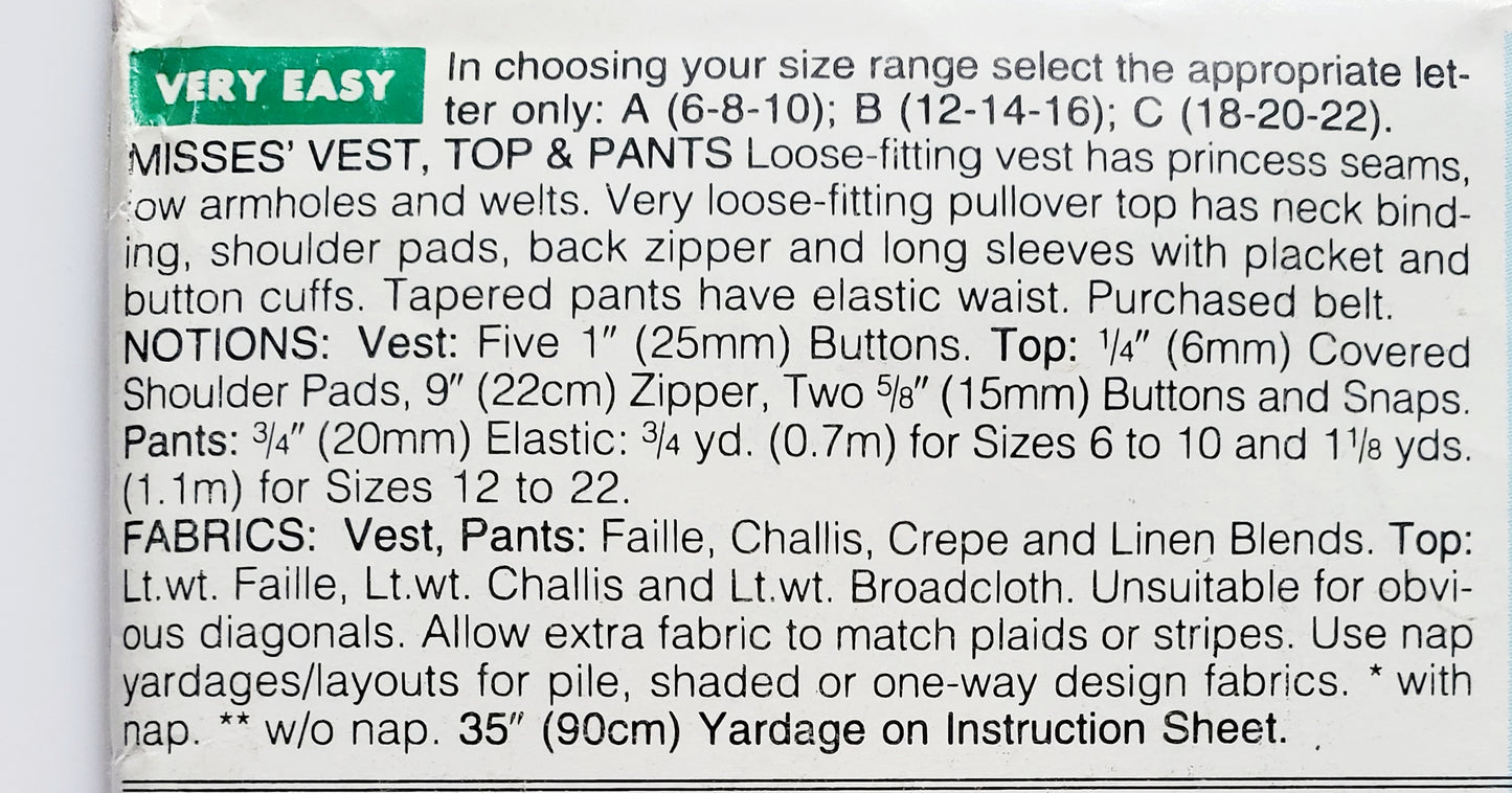 BUTTERICK Sewing Pattern 3614, Vest, Top, Pants, Size 12-16