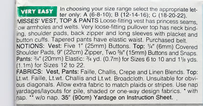 BUTTERICK Sewing Pattern 3614, Vest, Top, Pants, Size 12-16