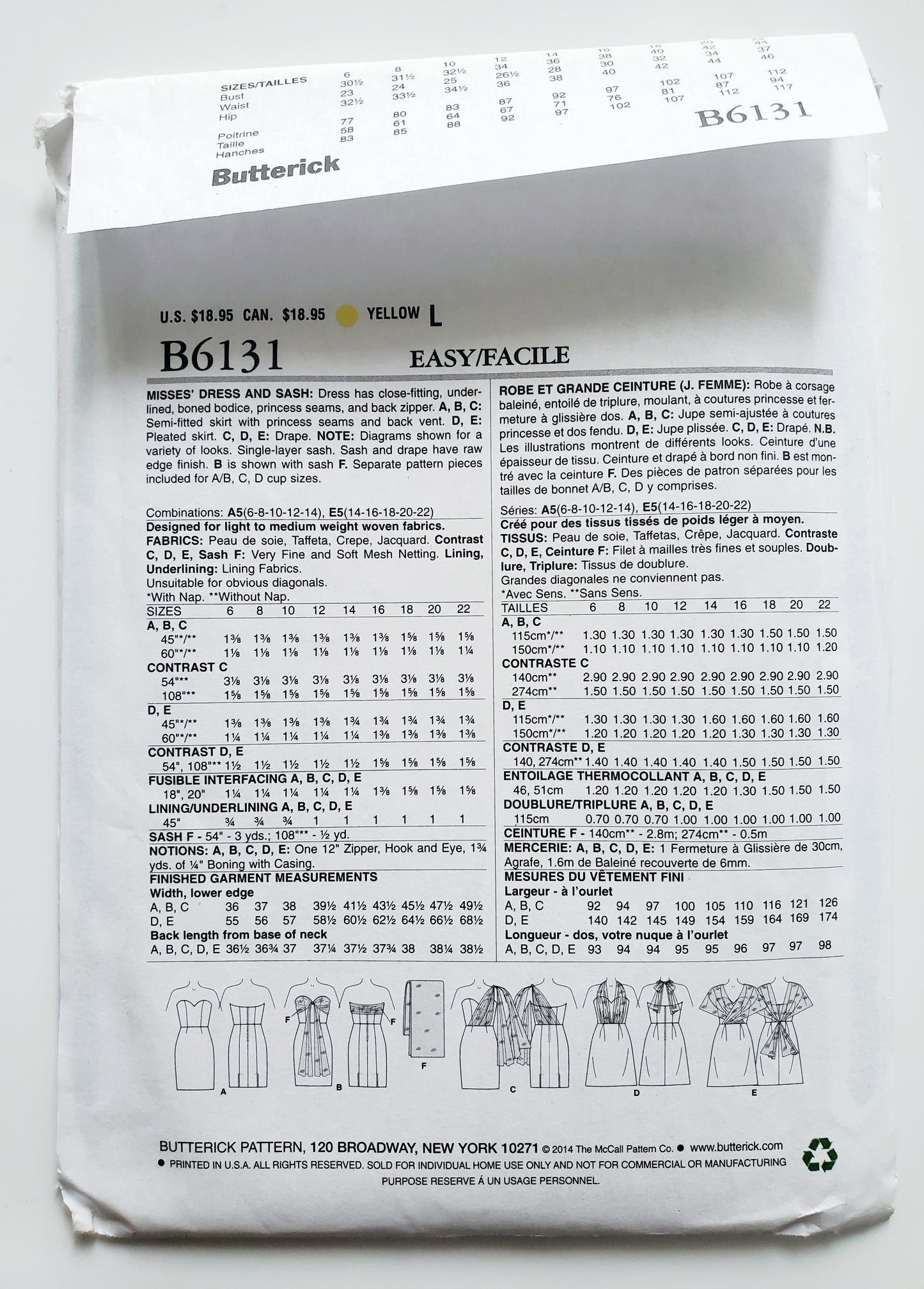 BUTTERICK Sewing Pattern B6131, Dress, Sash, Boned Bodice, Princess Seams, Vent, Size 6-14