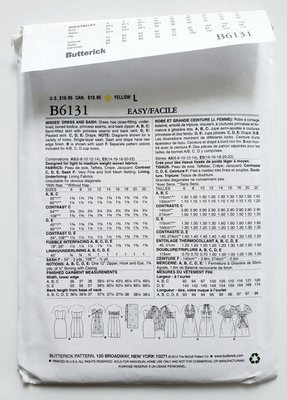 BUTTERICK Sewing Pattern B6131, Dress, Sash, Boned Bodice, Princess Seams, Vent, Size 6-14
