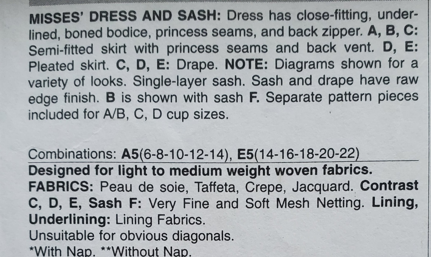 BUTTERICK Sewing Pattern B6131, Dress, Sash, Boned Bodice, Princess Seams, Vent, Size 6-14