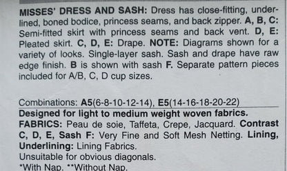 BUTTERICK Sewing Pattern B6131, Dress, Sash, Boned Bodice, Princess Seams, Vent, Size 6-14