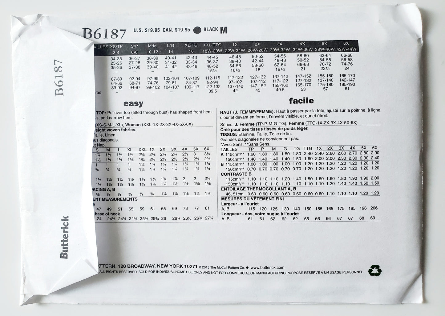 BUTTERICK Sewing Pattern B6187, Top, Pull-over, Shaped Hemline, Size 3-16