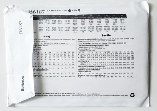 BUTTERICK Sewing Pattern B6187, Top, Pull-over, Shaped Hemline, Size 3-16