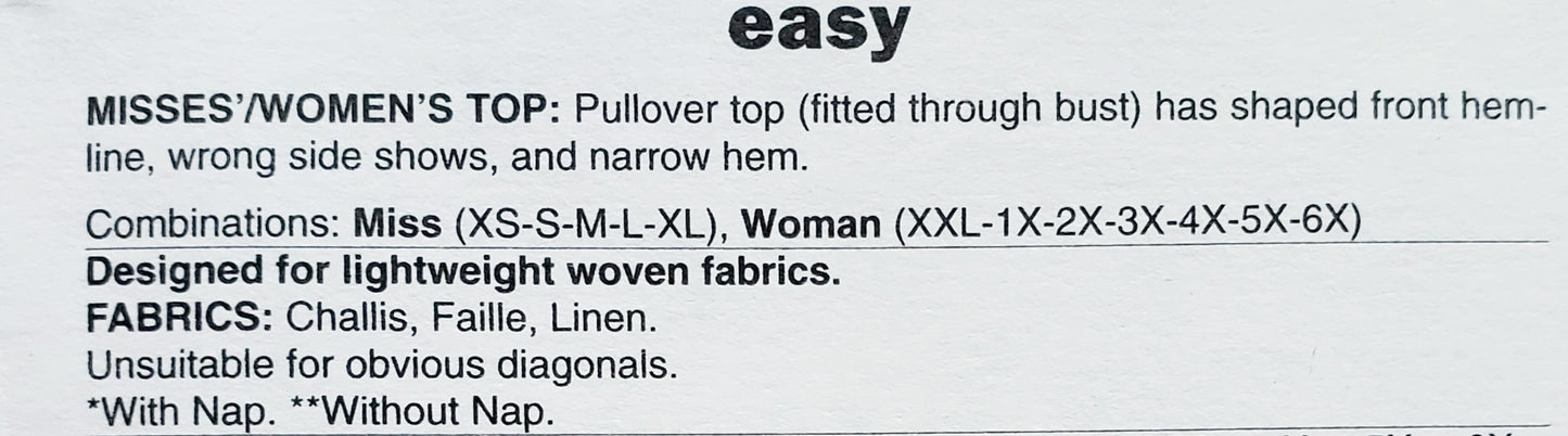 BUTTERICK Sewing Pattern B6187, Top, Pull-over, Shaped Hemline, Size 3-16