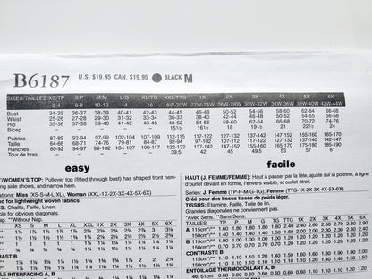 BUTTERICK Sewing Pattern B6187, Top, Pull-over, Shaped Hemline, Size 3-16