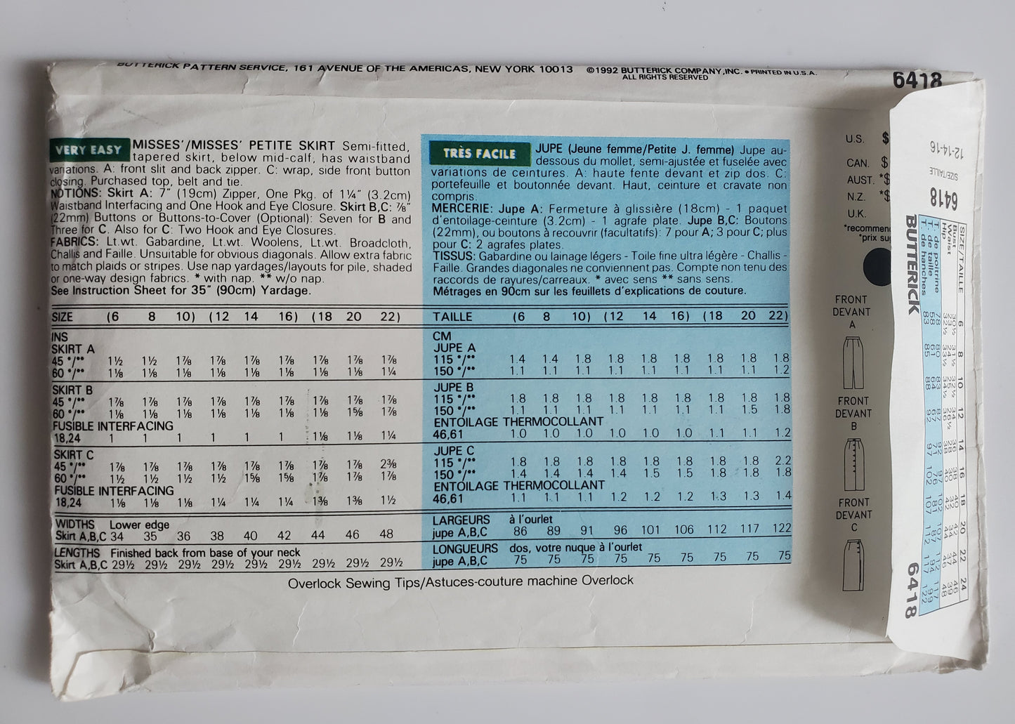 BUTTERICK Sewing Pattern 6418, Skirt, Semi-Fitted, Tapered Skirt, Glamour Collection, Size 12-16