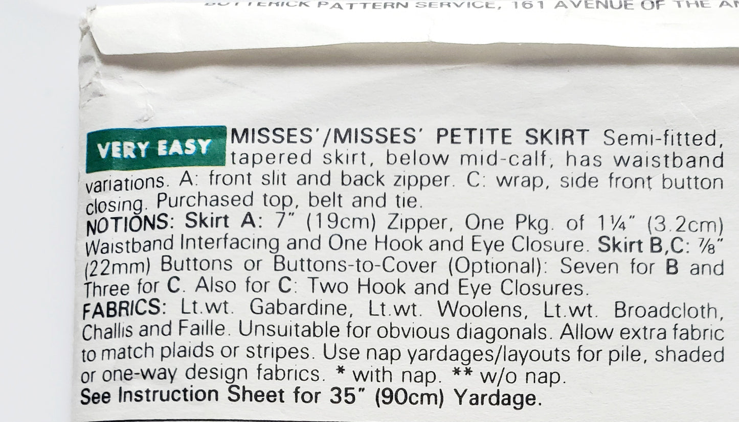 BUTTERICK Sewing Pattern 6418, Skirt, Semi-Fitted, Tapered Skirt, Glamour Collection, Size 12-16