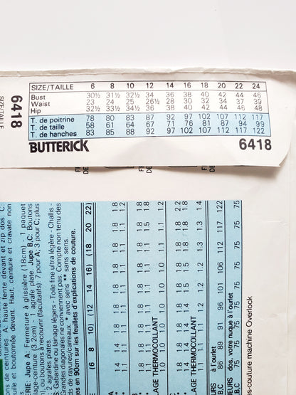 BUTTERICK Sewing Pattern 6418, Skirt, Semi-Fitted, Tapered Skirt, Glamour Collection, Size 12-16