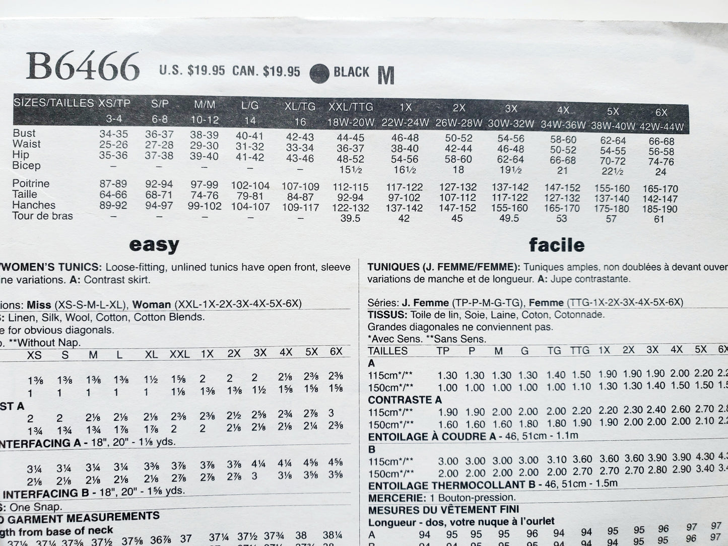 BUTTERICK Sewing Pattern B6466, Tunics, Tops, Size 3-16