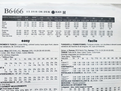 BUTTERICK Sewing Pattern B6466, Tunics, Tops, Size 3-16