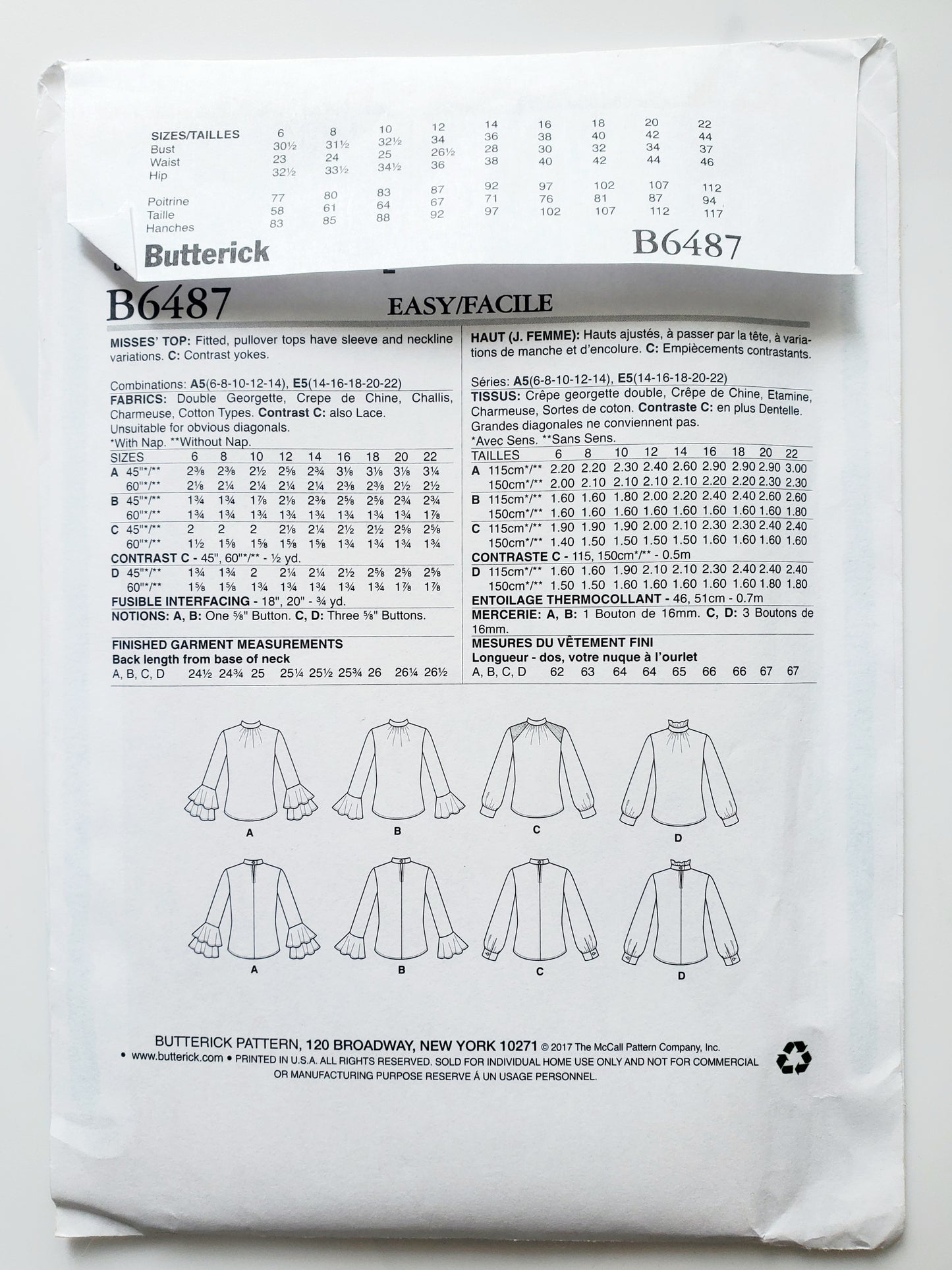 BUTTERICK Sewing Pattern B6487, Top, Fitted, Size 14-22