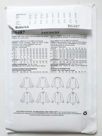 BUTTERICK Sewing Pattern B6487, Top, Fitted, Size 14-22
