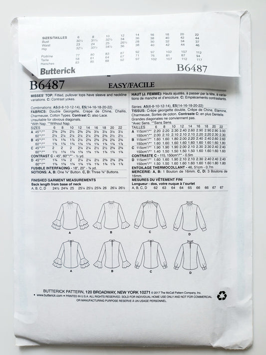 BUTTERICK Sewing Pattern B6487, Top, Fitted, Size 14-22