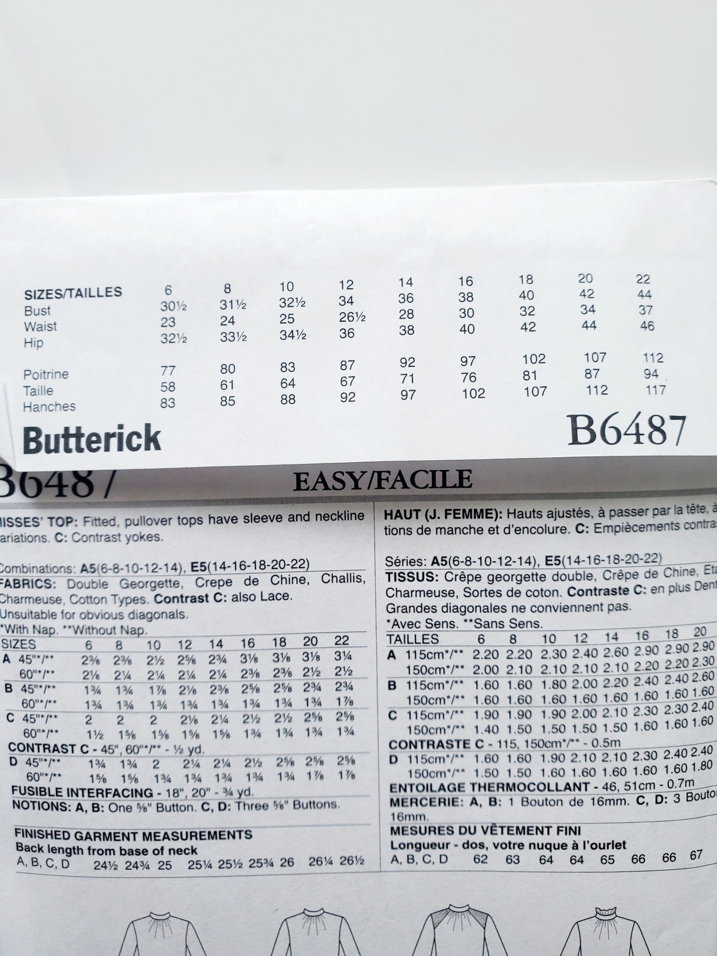 BUTTERICK Sewing Pattern B6487, Top, Fitted, Size 14-22