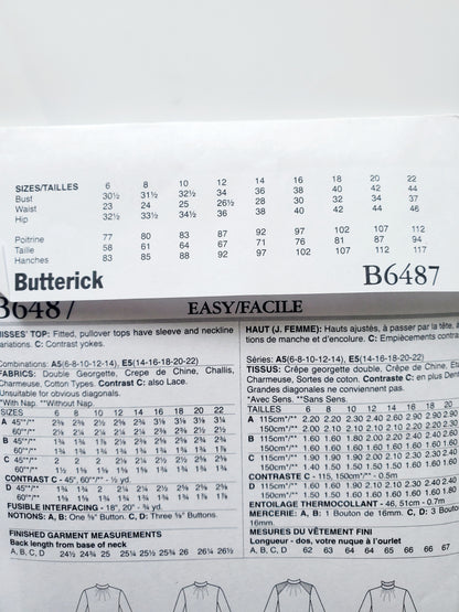BUTTERICK Sewing Pattern B6487, Top, Fitted, Size 14-22