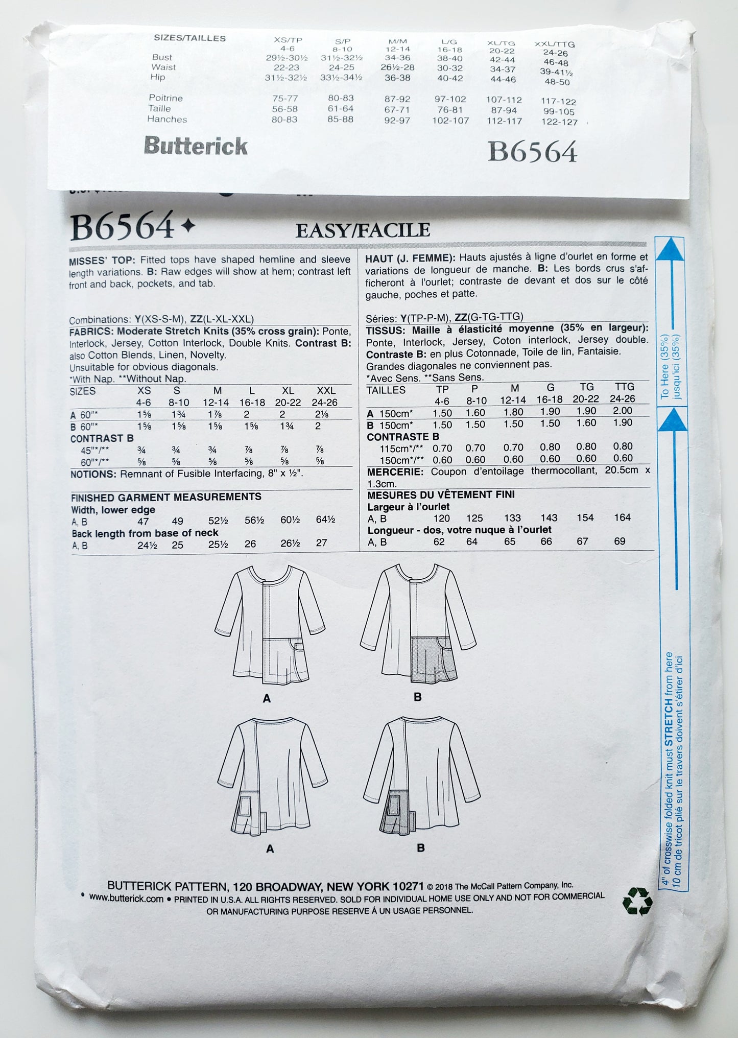 BUTTERICK Sewing Pattern B6564, Top, Fitted, Shaped Hemline, Pockets, Size 16-26