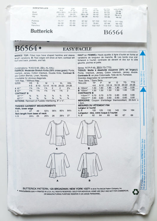 BUTTERICK Sewing Pattern B6564, Top, Fitted, Shaped Hemline, Pockets, Size 16-26
