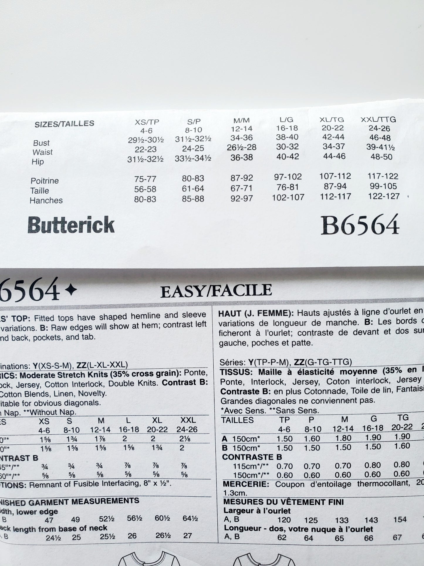 BUTTERICK Sewing Pattern B6564, Top, Fitted, Shaped Hemline, Pockets, Size 16-26