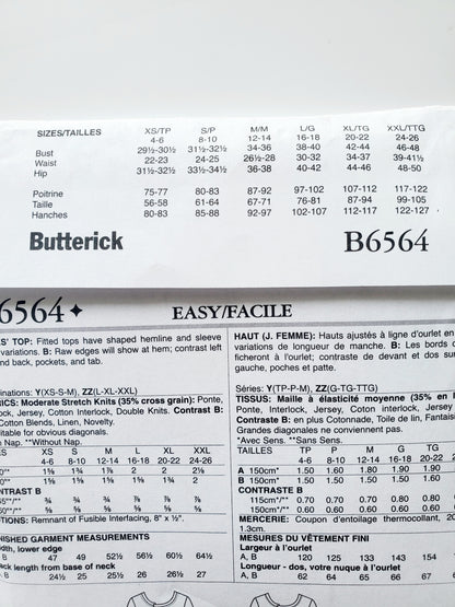 BUTTERICK Sewing Pattern B6564, Top, Fitted, Shaped Hemline, Pockets, Size 16-26