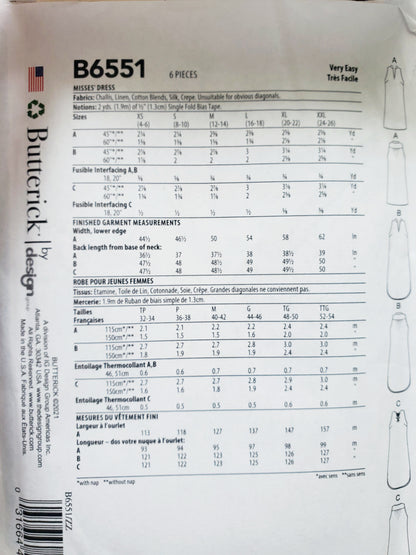 BUTTERICK Sewing Pattern B6551, Dress, Size 16-26
