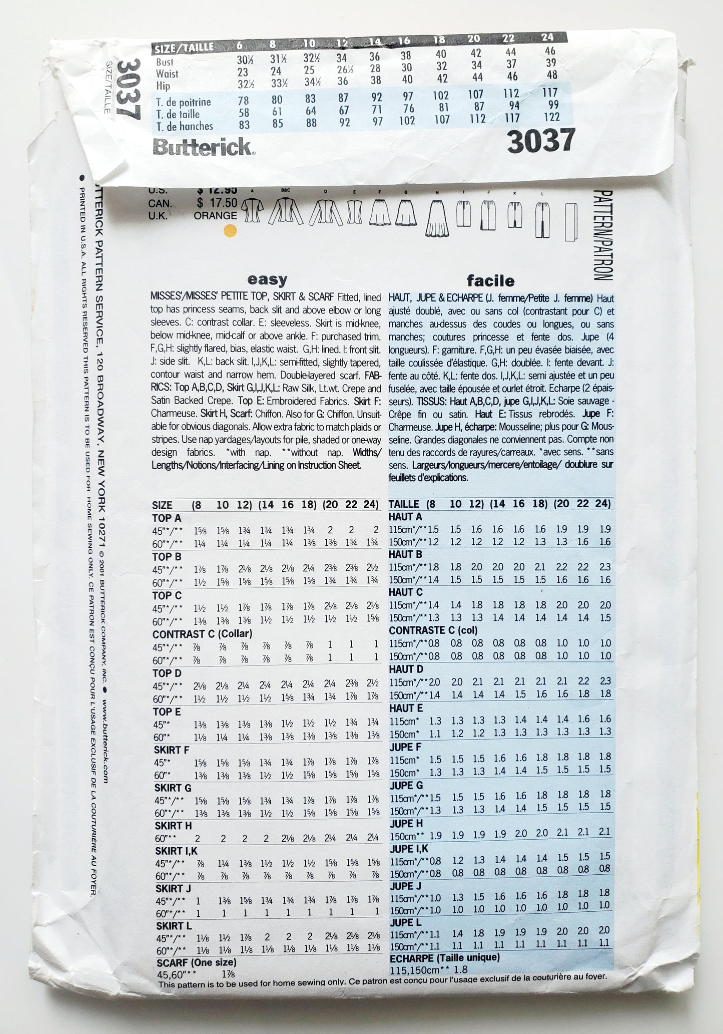 BUTTERICK Sewing Pattern 3037, Top, Skirt, Scarf, Size 14-18