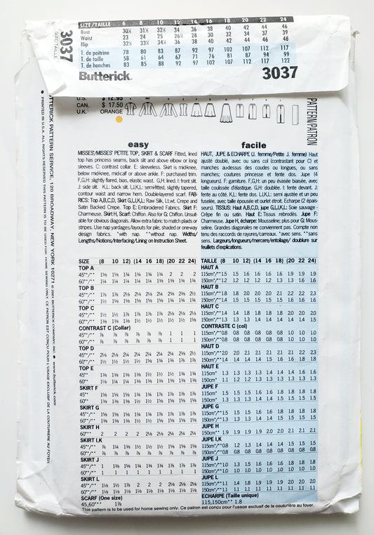 BUTTERICK Sewing Pattern 3037, Top, Skirt, Scarf, Size 14-18