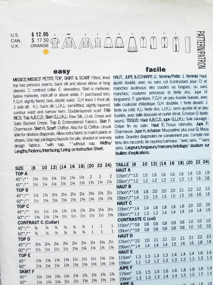 BUTTERICK Sewing Pattern 3037, Top, Skirt, Scarf, Size 14-18