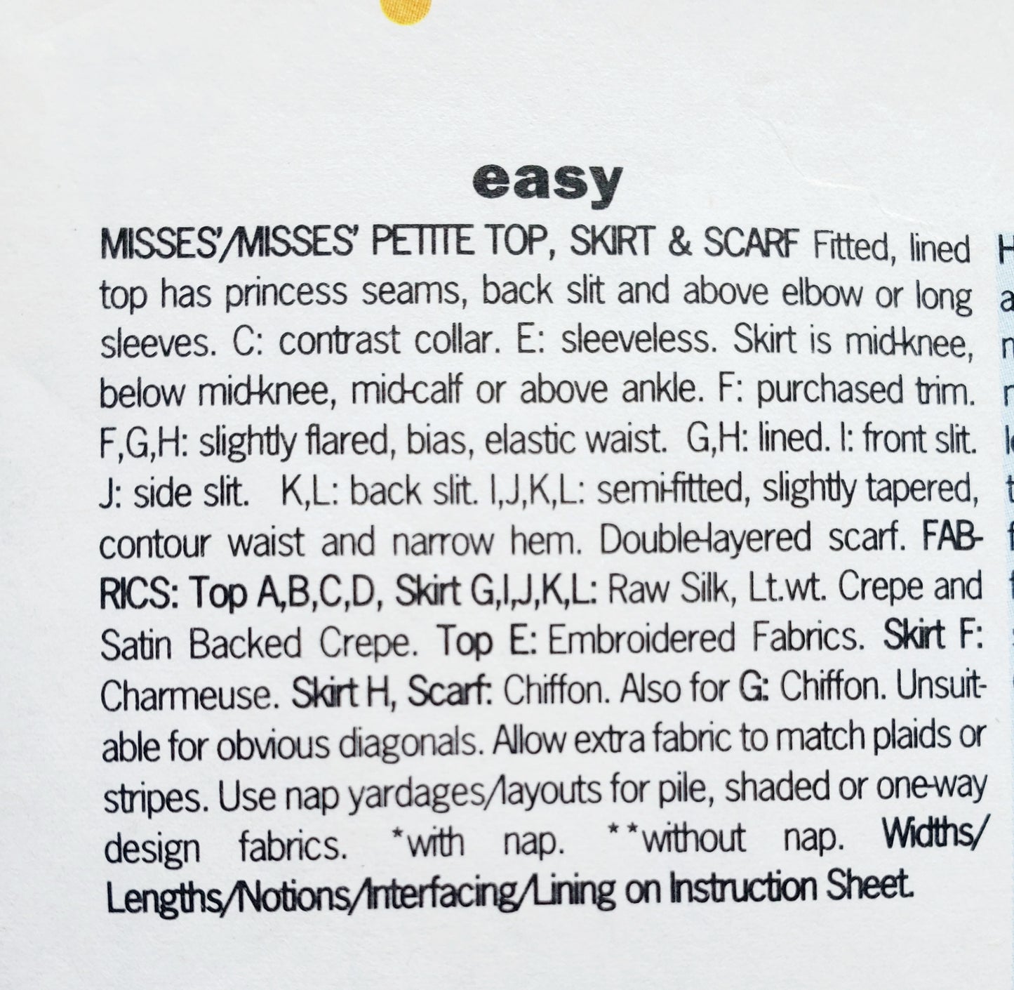 BUTTERICK Sewing Pattern 3037, Top, Skirt, Scarf, Size 14-18