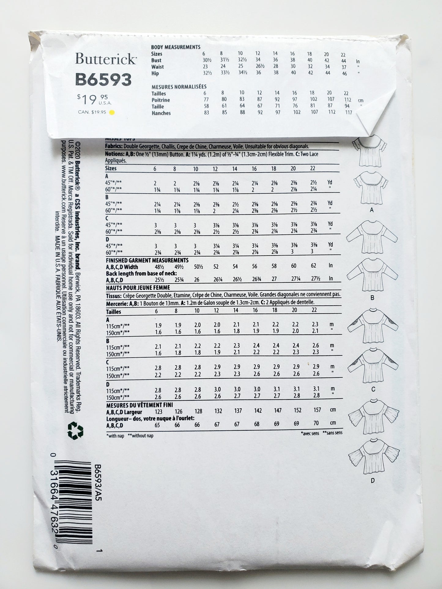 BUTTERICK Sewing Pattern B6593, Tops, Size 6-14