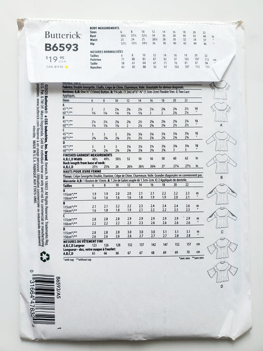 BUTTERICK Sewing Pattern B6593, Tops, Size 6-14