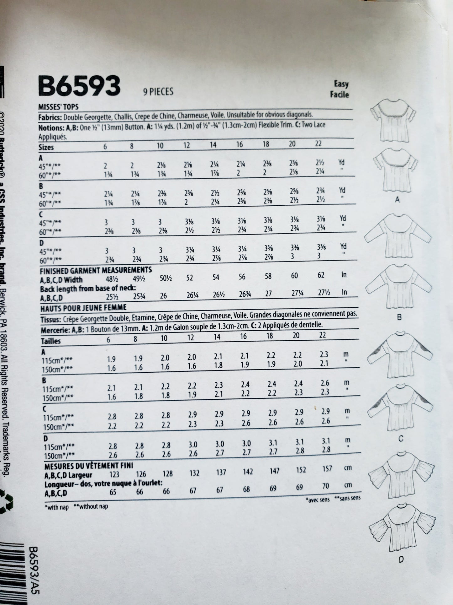 BUTTERICK Sewing Pattern B6593, Tops, Size 6-14