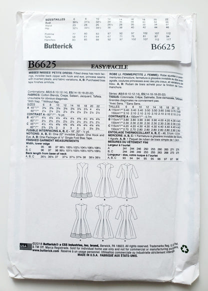 BUTTERICK Sewing Pattern B6625, Dress, Fitted, Inverted Pleats, Princess Seams, Size 6-14