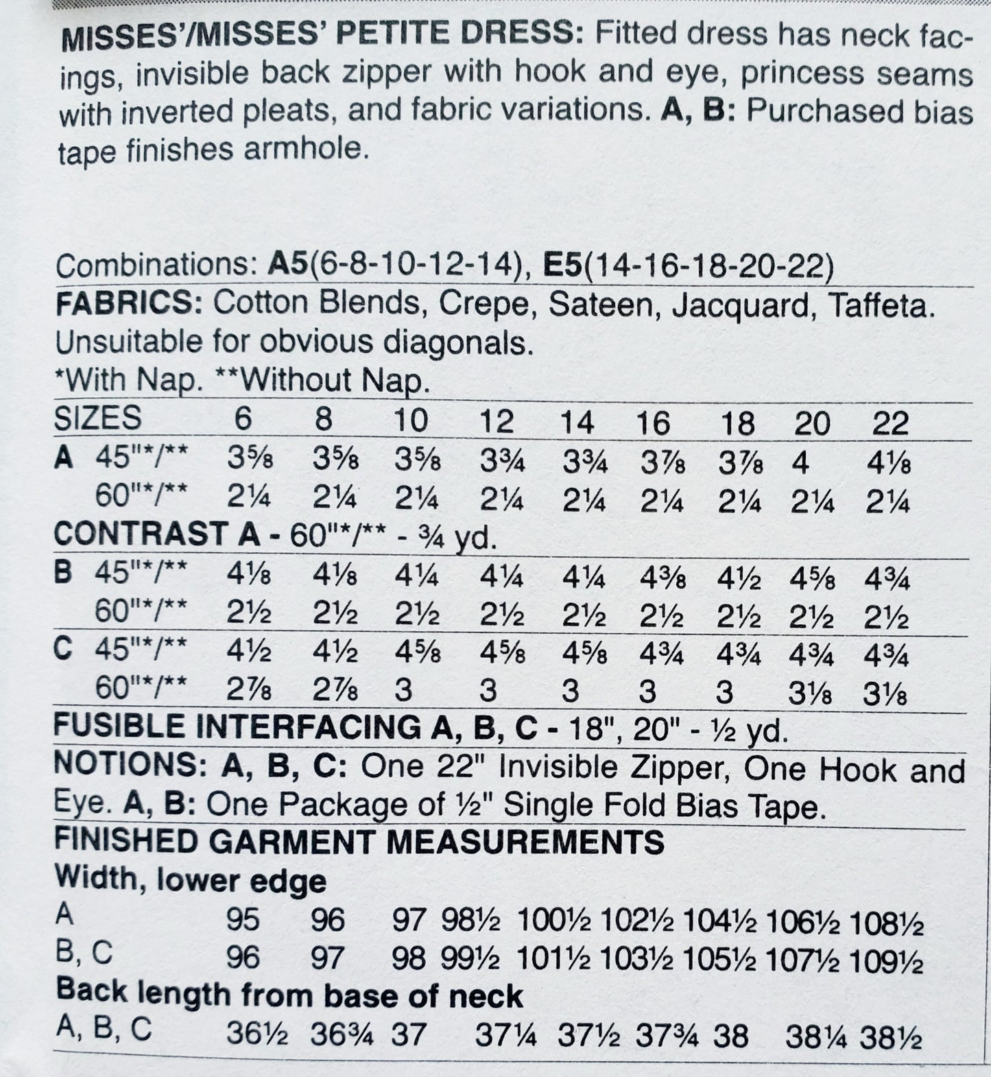 BUTTERICK Sewing Pattern B6625, Dress, Fitted, Inverted Pleats, Princess Seams, Size 6-14