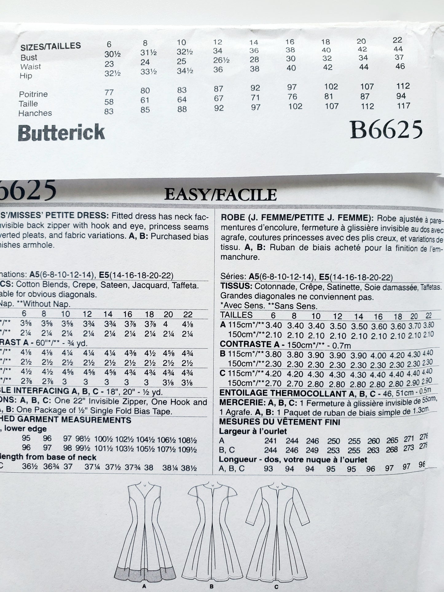 BUTTERICK Sewing Pattern B6625, Dress, Fitted, Inverted Pleats, Princess Seams, Size 6-14