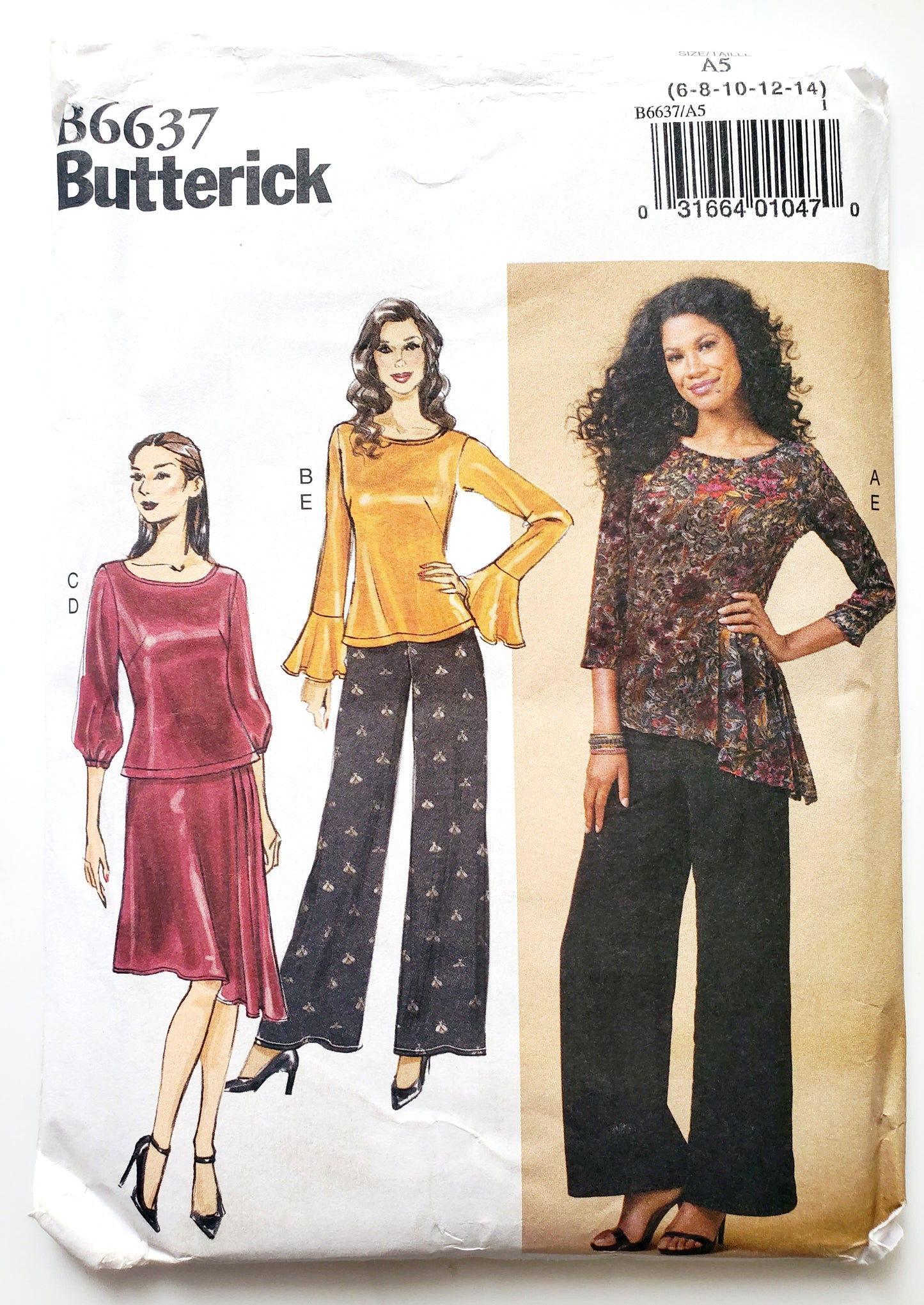 BUTTERICK Sewing Pattern B6637, Top, Skirt, Pants, Fitted, Asymmetrical, Peplum, Elasticized Sleeves, Size 6-14