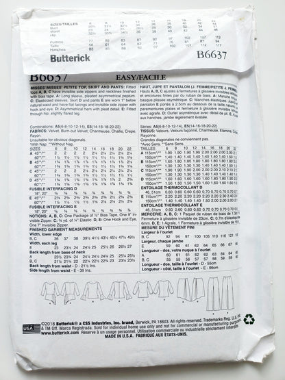 BUTTERICK Sewing Pattern B6637, Top, Skirt, Pants, Fitted, Asymmetrical, Peplum, Elasticized Sleeves, Size 6-14
