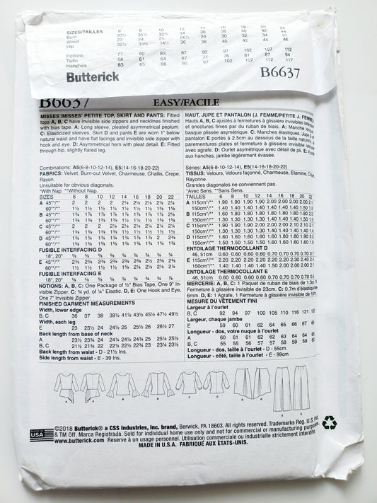 BUTTERICK Sewing Pattern B6637, Top, Skirt, Pants, Fitted, Asymmetrical, Peplum, Elasticized Sleeves, Size 6-14